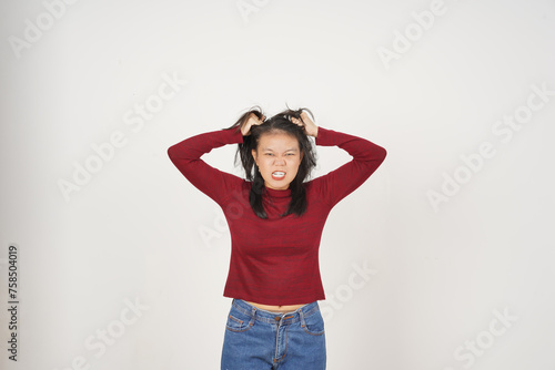 Young Asian woman in Red t-shirt Angry gesture isolated on white background
