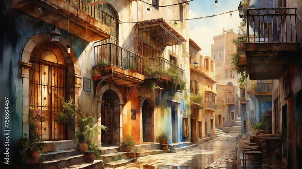 A watercolor illustration portrays a quaint and sunlit alley in a picturesque Mediterranean village, adorned with potted plants and bistro tables.