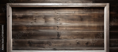 A brown hardwood rectangle frame is displayed against a wooden wall  showcasing different tints and shades of wood. The plank pattern adds depth to the flooring design