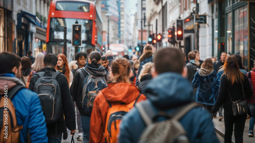 A crowd of people walking in the city, some with backpacks and others without, seen from behind.