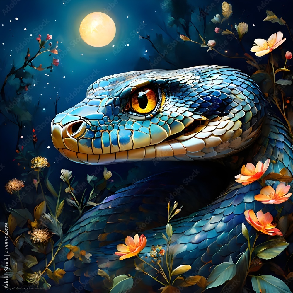 Fototapeta premium 최대한 귀엽고 깜찍하게 파란뱀 노란보름달 섬뜩하지만 보면볼수록 볼매 snake