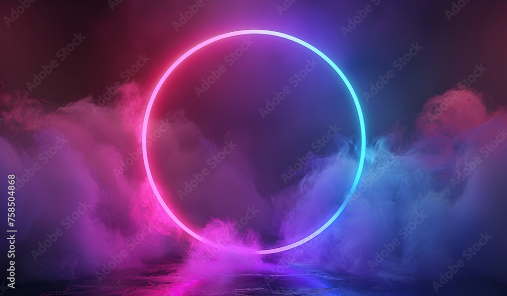 Glowing Circle Amidst Neon Vaporwave Fog Background
