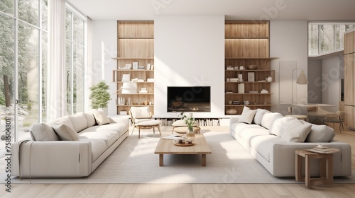 Modern aesthetic living room interior composition with scaninavian elegance 