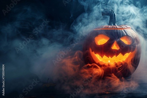 Glowing pumpkin with dark smoke around for halloween banner and background concept