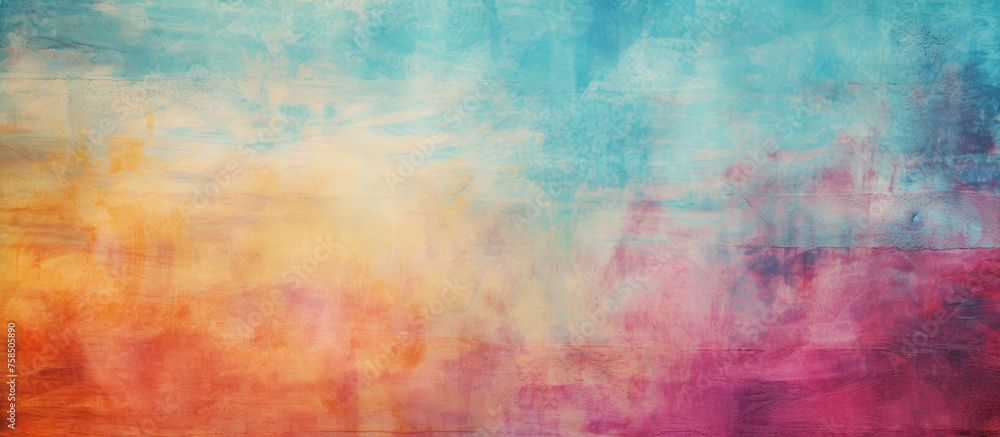 A close up of an electric blue and magenta painting on a wall, featuring a pattern of peach tints and shades. The horizon is beautifully depicted in this stunning visual arts piece