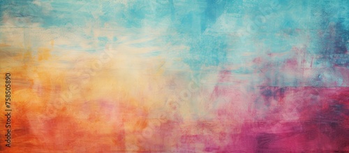 A close up of an electric blue and magenta painting on a wall, featuring a pattern of peach tints and shades. The horizon is beautifully depicted in this stunning visual arts piece