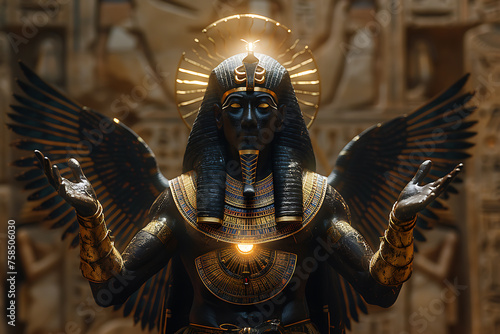 A stunning depiction of Atum, a vital deity in Egyptian mythology, revered as the god of primordial creation, portrayed in a powerful representation of the world's inception from within himself photo