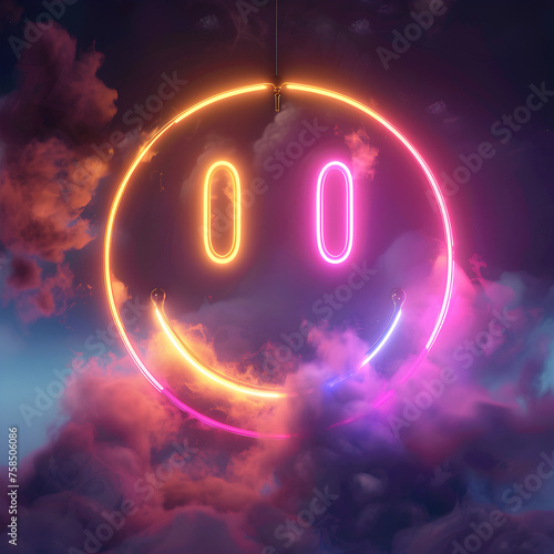 Glowing Neon Smiley Face in an Abstract Cloudscape