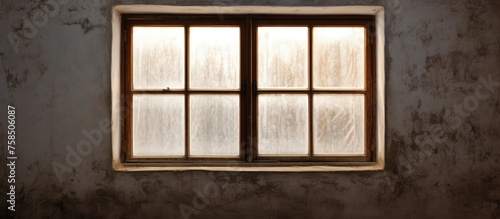 A woodenframed window fixture is set against a dark wall in a rectangular shape. The tints and shades of the wood create an artful contrast with the surrounding building structure