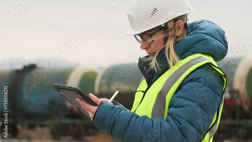 Woman contractor in helmet monitors the loading and dispatch of wagons with petroleum products, inspects production facility, taking notes with stylus on tablet, focused on work. photo