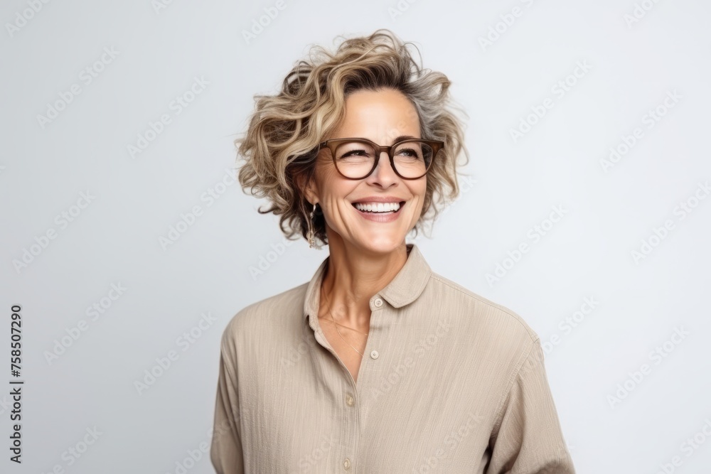 Portrait of a happy mature woman with eyeglasses against grey background Portrait of a happy mature woman with eyeglasses against grey background