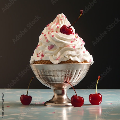 plain dull vanilla ice cream cone sitting beside a virbant bowl of ice cream with sprinkles and a cherry on top created with Generative Ai photo