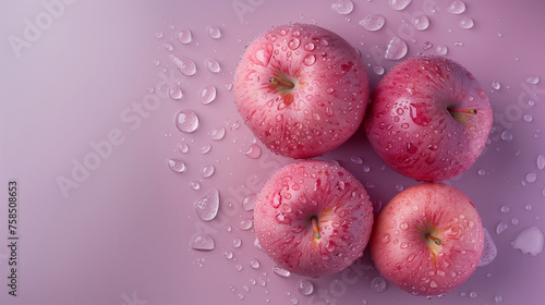 top views of fresh green, red and pink applets fruits with visible water drops photo