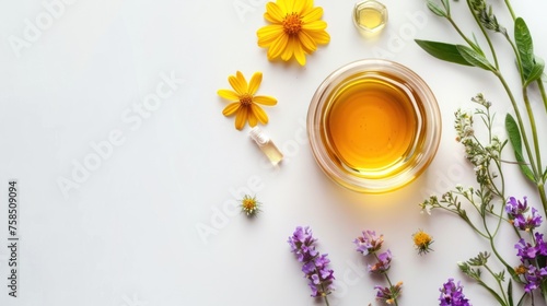 Illustration Acacia honey in glass cup, bee and branch of blooming acacia isolated on white background.