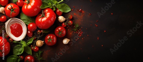 A variety of tomatoes, a type of fruit, are pictured against a dark background. These natural foods can be used as ingredients in many dishes