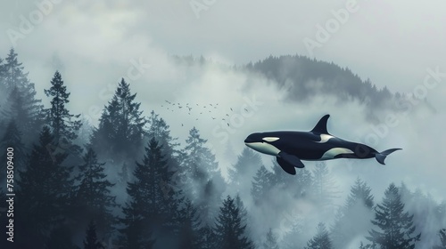 a killer whale swimming in the forest, flying in the foggy forest.Ai generated