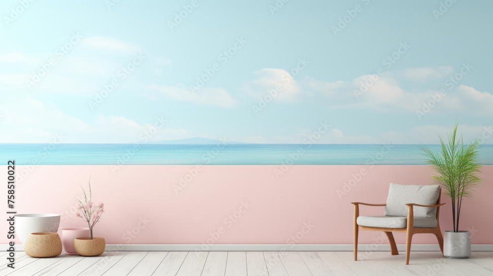 A minimalist empty interior background with benches and flower pots in soft pastel colors wall gives a calm, simple, clean and modern look