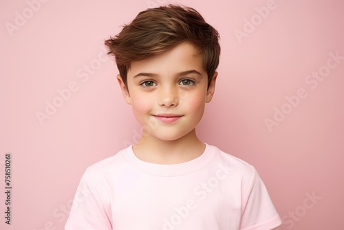 Studio portrait of a cute little boy in a pink t-shirt on a pink background