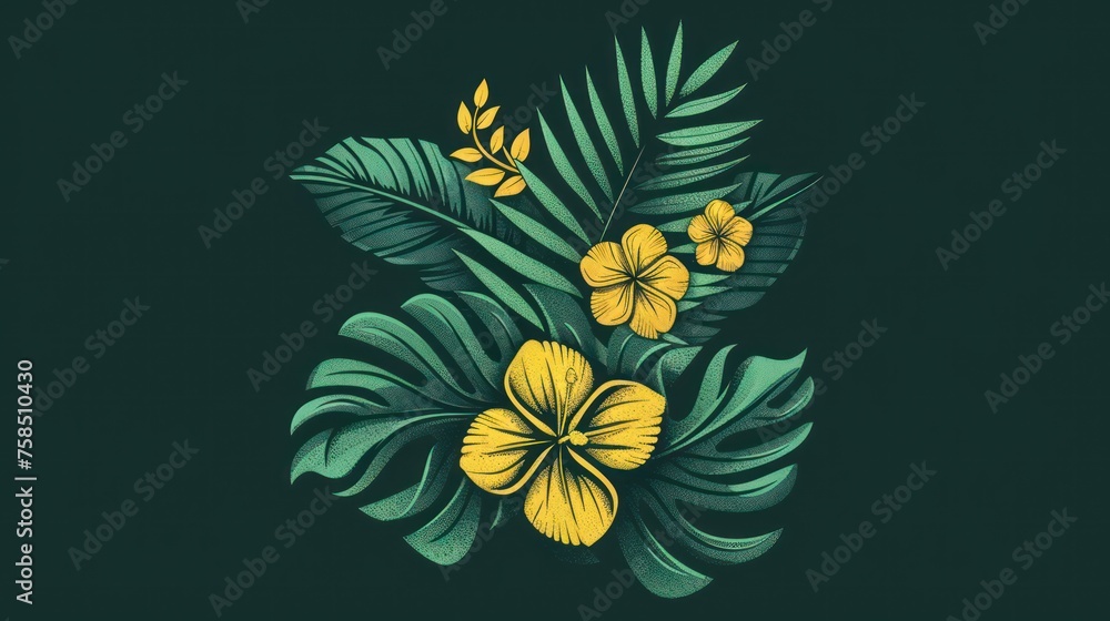 Obraz premium A minimalist logo inspired by nature, showcasing palm leaves adorned with green blooms.