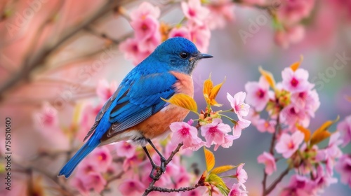 The bright blue and yellow bird perched gently among the branches of a beautiful pink flowering tree © Zidan