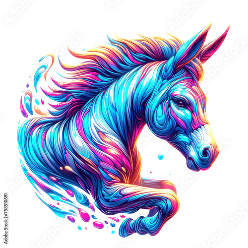 horse, donkey, in colorful illustration with neon abstract psychedelic acid style, good for print, t-shirt, sticker, poster,  © odoy
