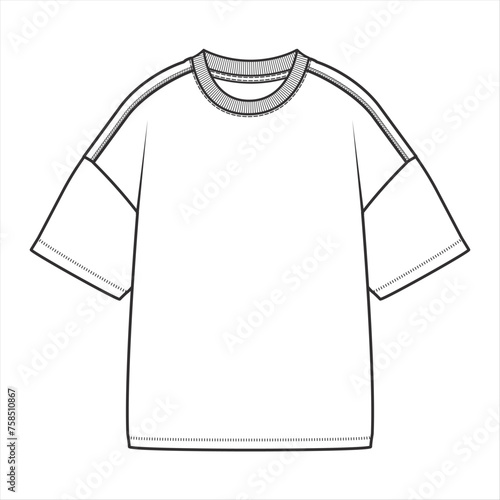 oversize crew neck t shirt, Fashion Flat Sketch, boys t shirt short sleeve drop shoulder crew neck