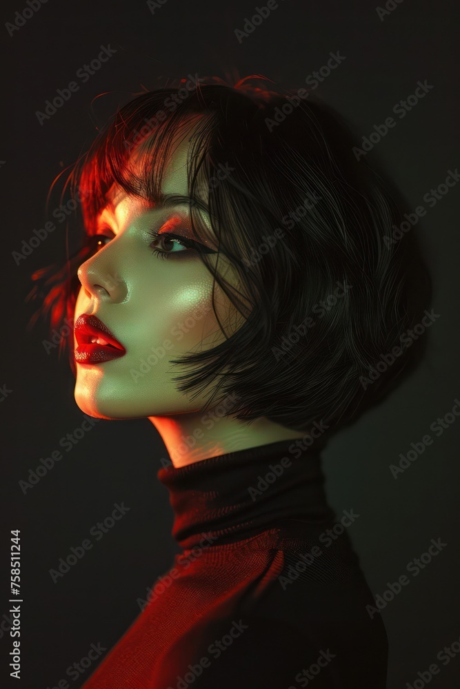 An elegant girl with short black hair wearing a black turtleneck, captured in a photograph against a black background. An elegant girl with short black hair wearing a black turtleneck, captured in a photograph against a black background.