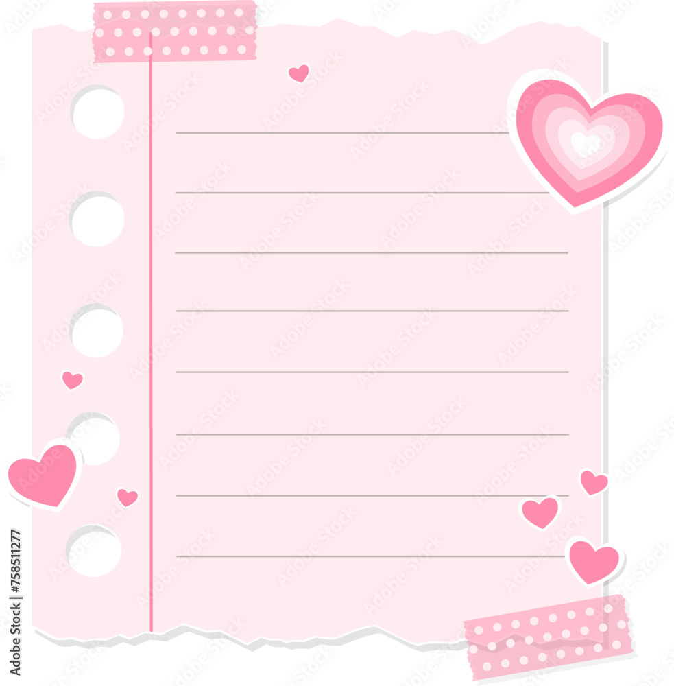 Cute Pastel Color Paper Notes With Pink Heart Love Sticker And Washi Tape Vector Illustration
