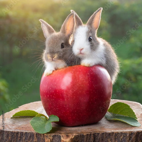 빨간 사과 위 두 마리 귀여운 토끼