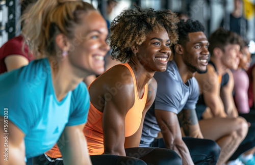 A diverse group of people doing squats in the gym, smiling and having fun together. The scene captures their energy and strength as they work out together