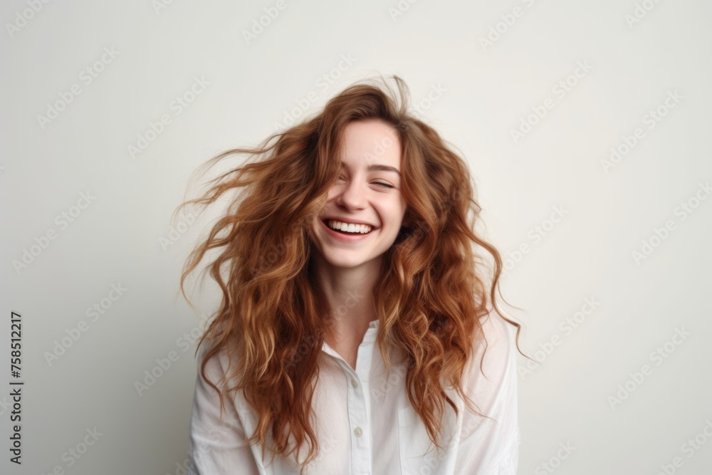Portrait of a happy young woman with long red hair smiling and laughing. Portrait of a happy young woman with long red hair smiling and laughing.