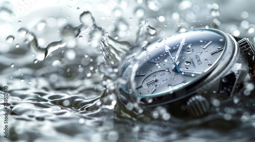 close-up view of beautiful luxury fashionable silver men's watch with water splash.Ai generated
