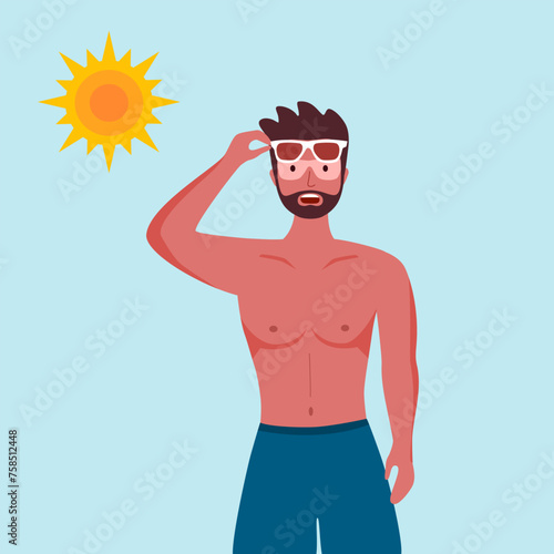 Young man with skin sunburn under strong sunlight in flat design.