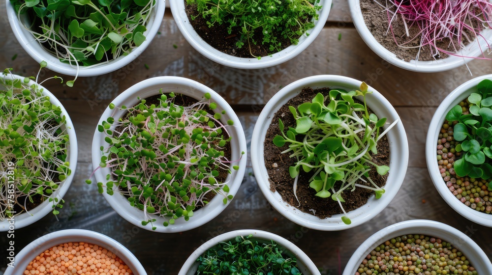 many cups with microgreens and sprouts top view. The concept of proper nutrition and growing greens at home. many cups with microgreens and sprouts top view. The concept of proper nutrition and growing greens at home.