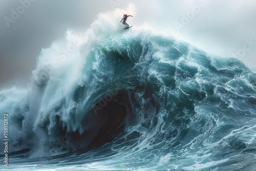 Female surfer surfing on big ocean waves. , Splashing and riding a surfboard on waves is a dynamic sea action sport. challenge concept.