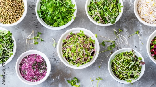 many cups with microgreens and sprouts top view. The concept of proper nutrition and growing greens at home.