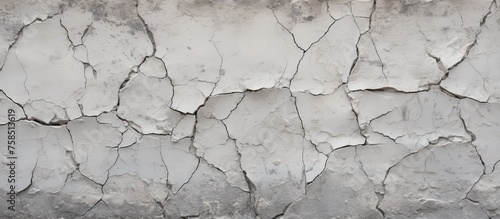 Detailed monochrome photography showcasing the intricate pattern of a cracked concrete wall, blending soil, rock, and composite materials