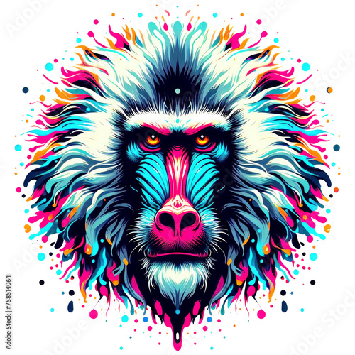 baboon  monkey in colorful illustration with neon abstract psychedelic acid style  good for print  t-shirt  sticker  poster  