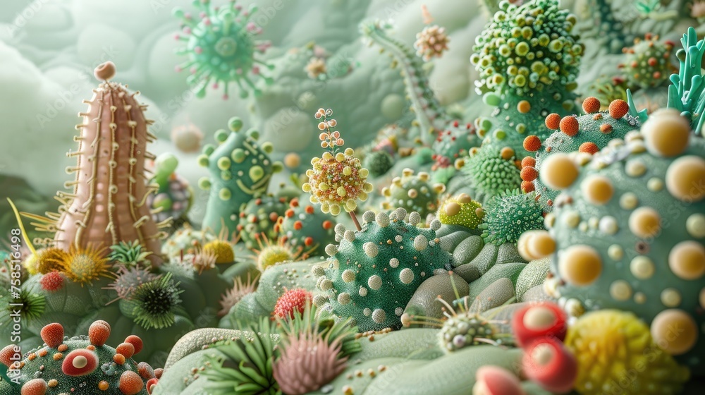 A whimsical portrayal of viruses and bacteria coexisting in a micro-utopia