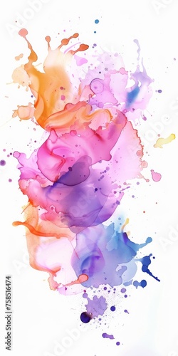 Whimsical watercolor splash blending pinks, purples, and oranges, conveying a lively and imaginative mood on a stark white background.