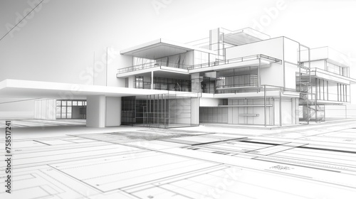 Monochromatic 3D sketch of a modern multi-level residential complex on architectural blueprints