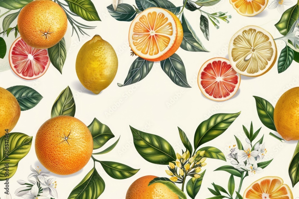 A botanical illustration of citrus fruits with detailed labels A botanical illustration of citrus fruits with detailed labels