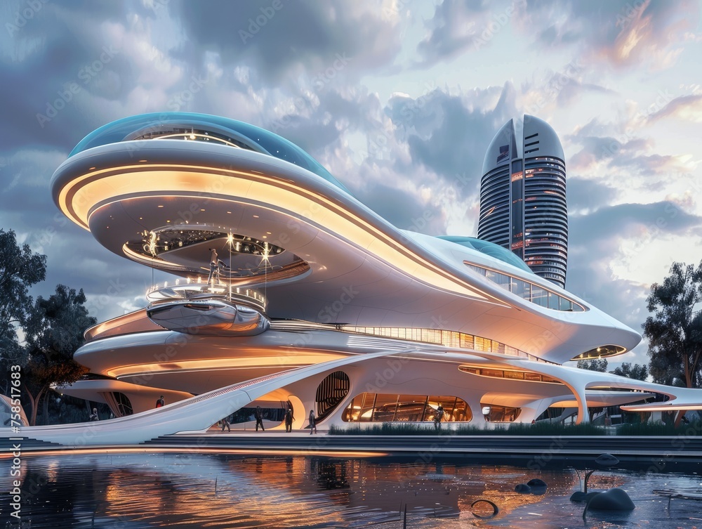 A corporate headquarters designed to look like a space station symbolizing innovation A corporate headquarters designed to look like a space station symbolizing innovation