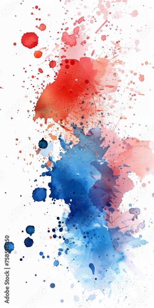 Bold watercolor splash with fiery reds blending into deep blues, creating an energetic and passionate display on a stark white background.