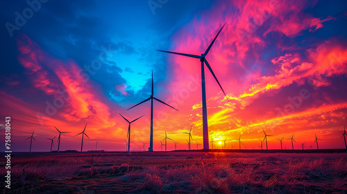 A cascade of colorful light from the setting sun illuminates a row of wind turbines their sleek forms a contrast against the vivid