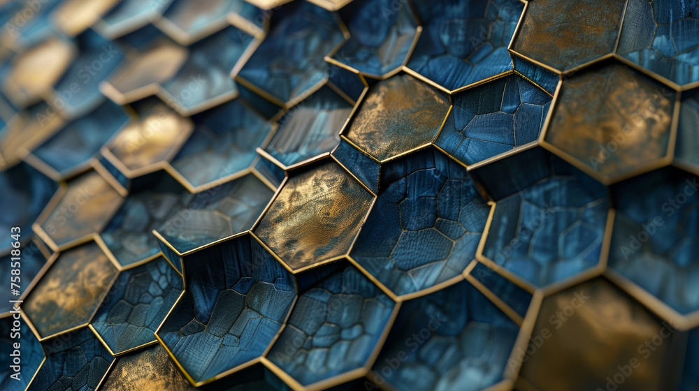 A closeup of a textured wallpaper with a honeycomb pattern in shades of deep blue and metallic gold adding a touch of sophistication to a modern interior. - obrazy, fototapety, plakaty 