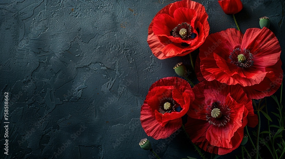 Red poppies on black background. Remembrance Day, Armistice Day symbol - obrazy, fototapety, plakaty 