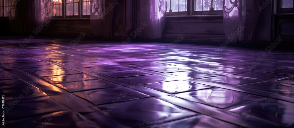 Light reflecting on a purple-patterned floor in a vintage style after rain.