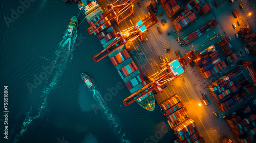 Overhead shot of a trade port bustling with activity as cargo ships load and unload at dusk, ariel view photo