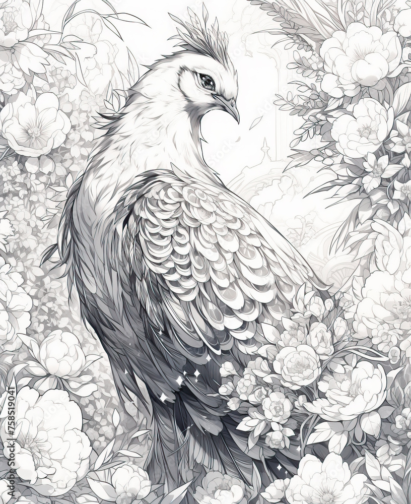 Fototapeta premium Black and white illustration for coloring birds, bird of paradise.